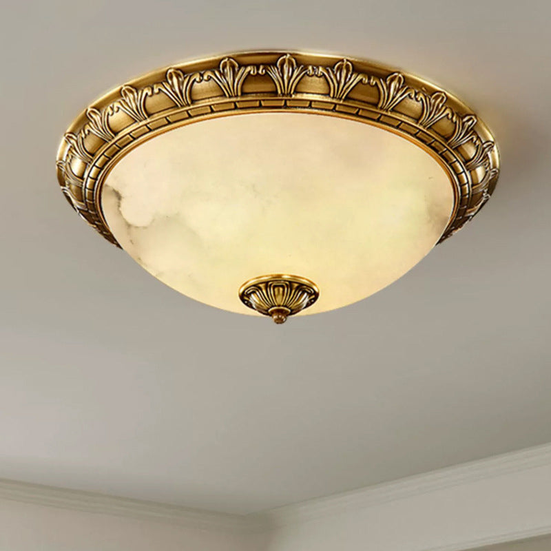 Traditional European Round Dome Brass Frame Glass Shade 2/3/4 Flush Mount Ceiling Light for Living Room
