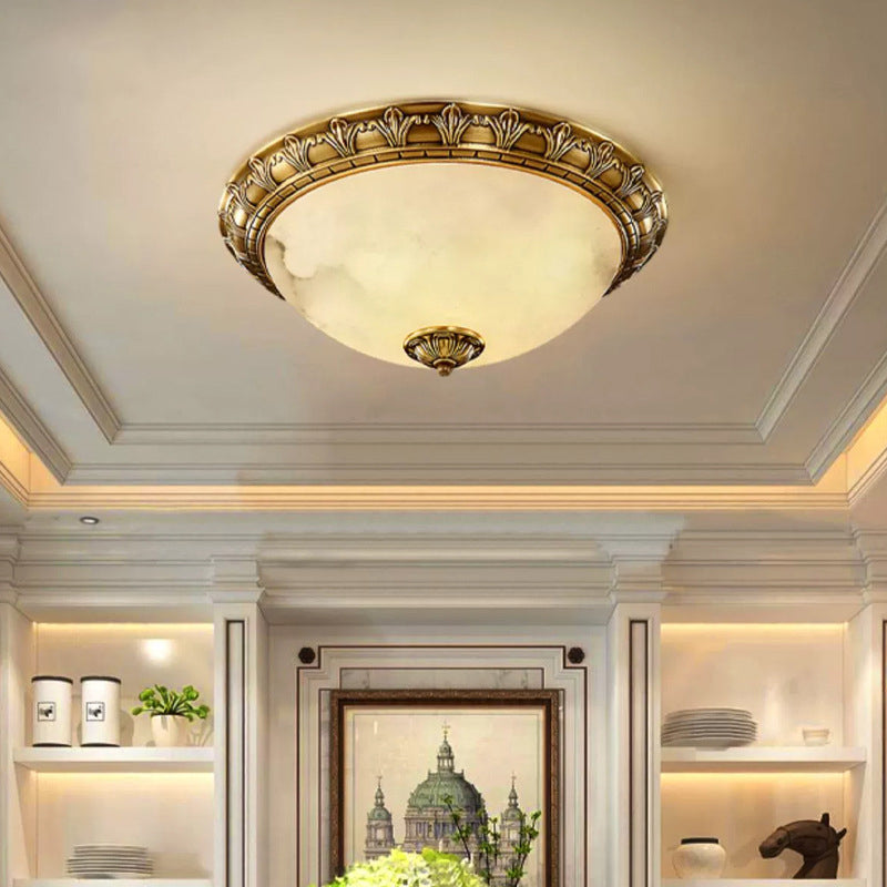 Traditional European Round Dome Brass Frame Glass Shade 2/3/4 Flush Mount Ceiling Light for Living Room