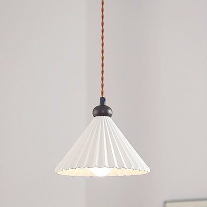 Traditional Vintage Cone Pleated Ceramic Shade Wood 1-Light Pendant Light For Living Room