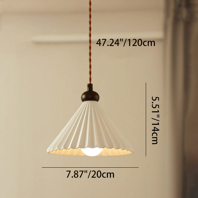 Traditional Vintage Cone Pleated Ceramic Shade Wood 1-Light Pendant Light For Living Room