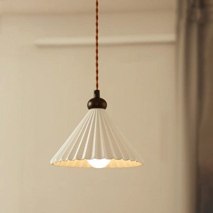 Traditional Vintage Cone Pleated Ceramic Shade Wood 1-Light Pendant Light For Living Room