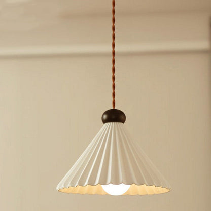 Traditional Vintage Cone Pleated Ceramic Shade Wood 1-Light Pendant Light For Living Room