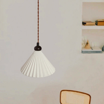 Traditional Vintage Cone Pleated Ceramic Shade Wood 1-Light Pendant Light For Living Room