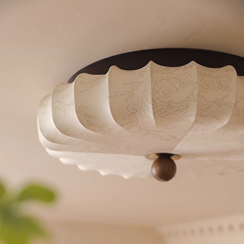 Traditional Vintage Round Patterned Fabric Alloy Ash Wood LED Flush Mount Ceiling Light for Living Room