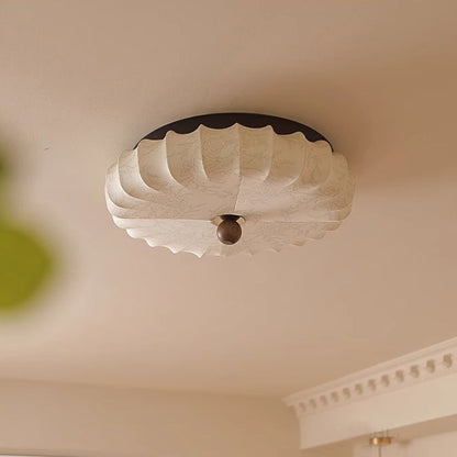 Traditional Vintage Round Patterned Fabric Alloy Ash Wood LED Flush Mount Ceiling Light for Living Room