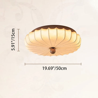 Traditional Vintage Round Patterned Fabric Alloy Ash Wood LED Flush Mount Ceiling Light for Living Room