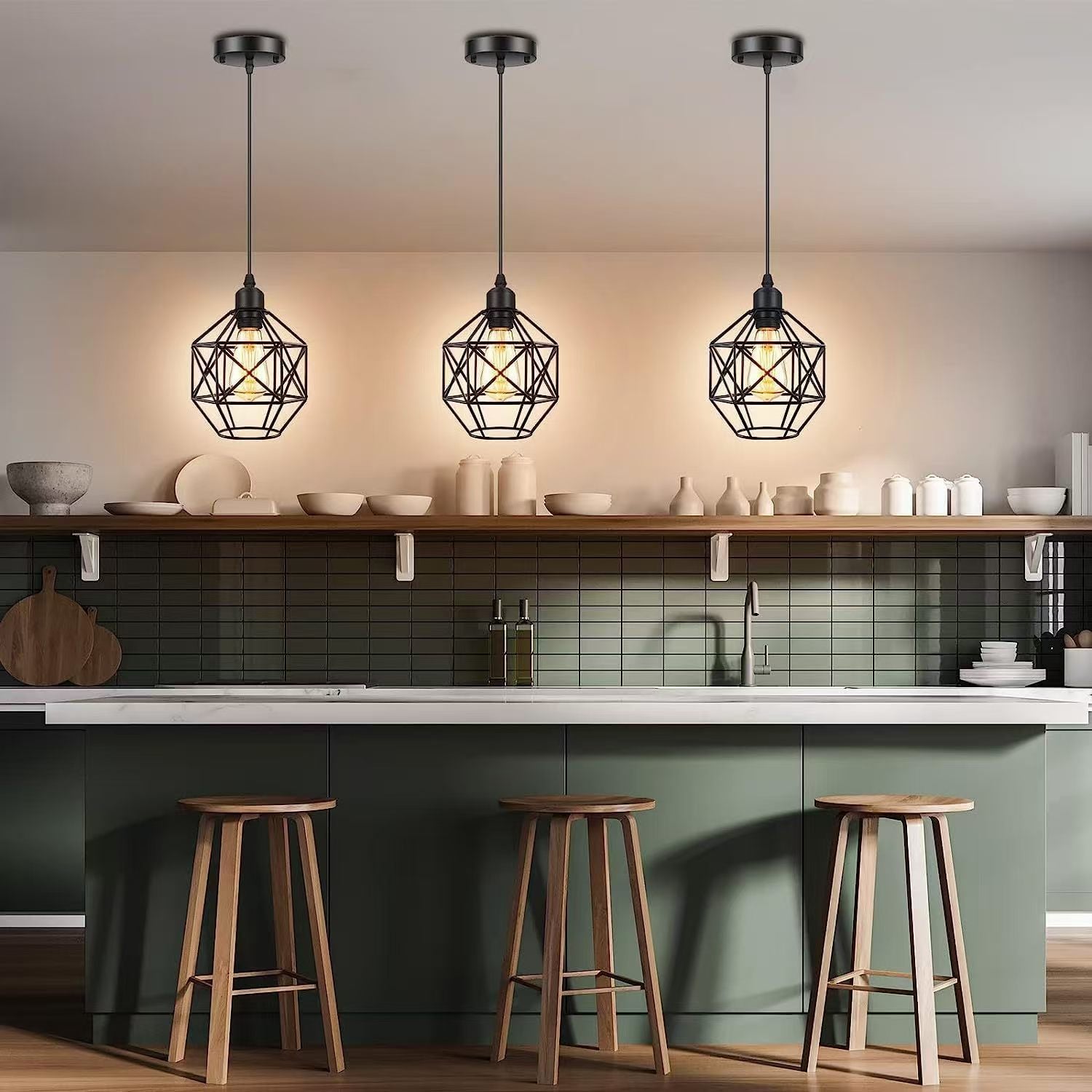 Contemporary Industrial Round Geometric Iron Cage 1-Light Pendant Light For Living Room
