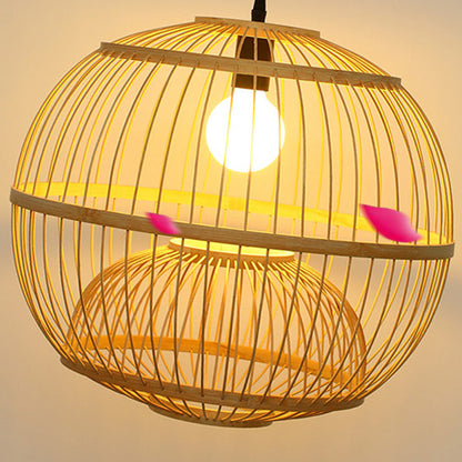 Traditional Chinese Round Line Bamboo 1-Light Pendant Light For Dining Room