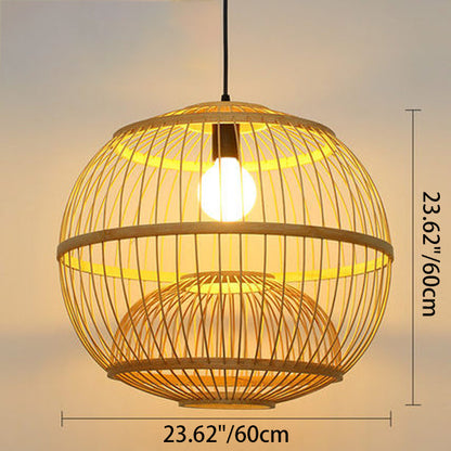 Traditional Chinese Round Line Bamboo 1-Light Pendant Light For Dining Room