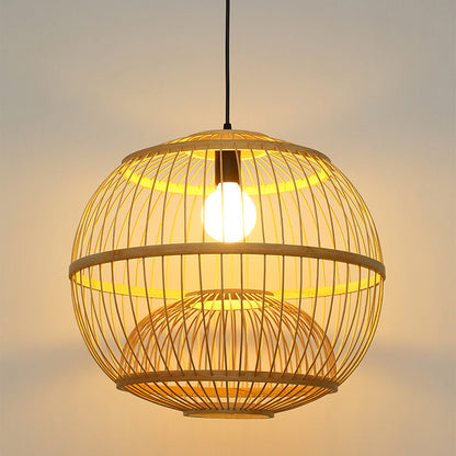 Traditional Chinese Round Line Bamboo 1-Light Pendant Light For Dining Room