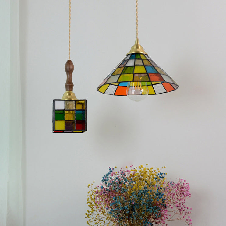 Modern Art Deco Square Cone Rubik's Cube Shape Iron Glass 1-light Pendant Light for Living Room
