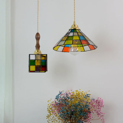 Modern Art Deco Square Cone Rubik's Cube Shape Iron Glass 1-light Pendant Light for Living Room
