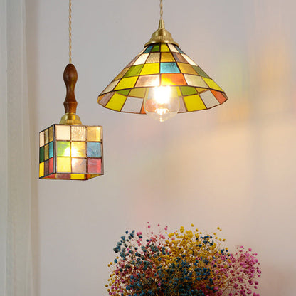 Modern Art Deco Square Cone Rubik's Cube Shape Iron Glass 1-light Pendant Light for Living Room