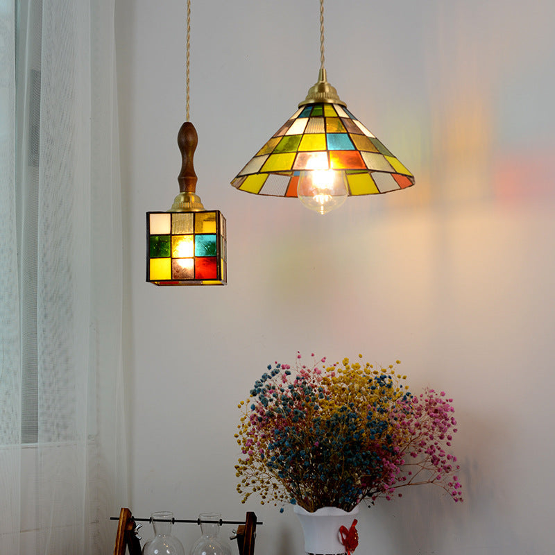 Modern Art Deco Square Cone Rubik's Cube Shape Iron Glass 1-light Pendant Light for Living Room