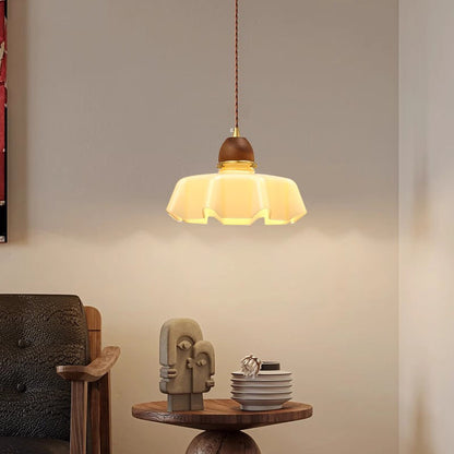Contemporary Retro Round Petal Flower Shape Wood Glass 1-Light Pendant Light For Living Room