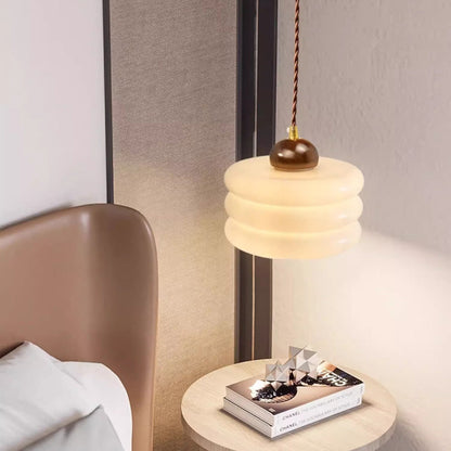 Contemporary Retro Round Petal Flower Shape Wood Glass 1-Light Pendant Light For Living Room