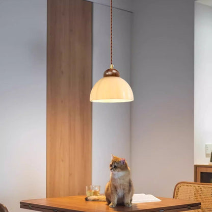 Contemporary Retro Round Petal Flower Shape Wood Glass 1-Light Pendant Light For Living Room