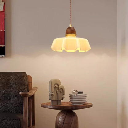 Contemporary Retro Round Petal Flower Shape Wood Glass 1-Light Pendant Light For Living Room