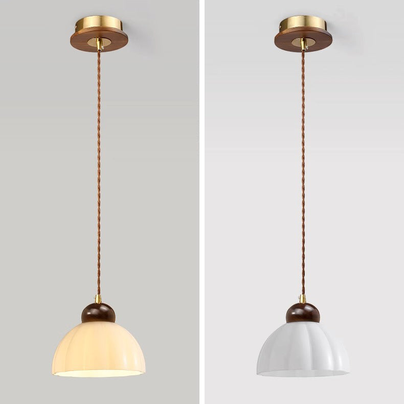 Contemporary Retro Round Petal Flower Shape Wood Glass 1-Light Pendant Light For Living Room