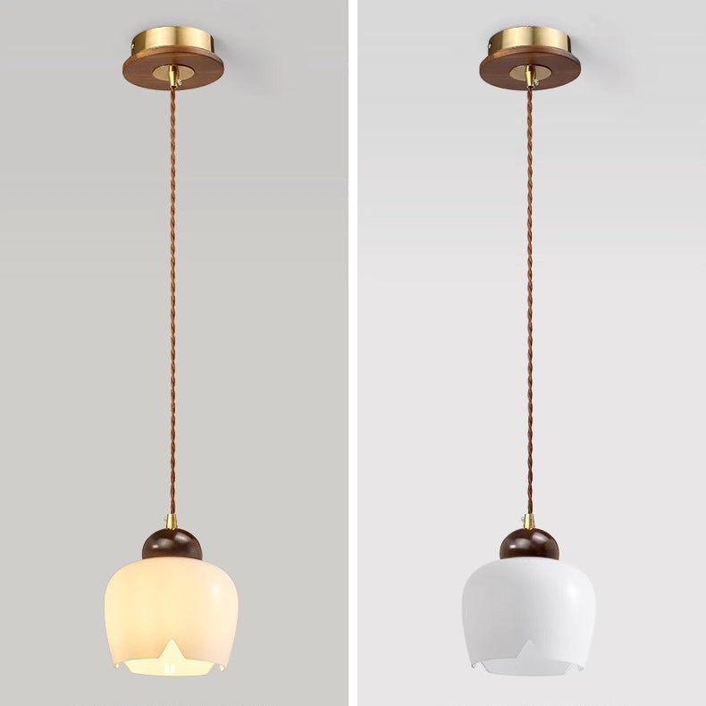 Contemporary Retro Round Petal Flower Shape Wood Glass 1-Light Pendant Light For Living Room