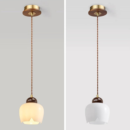 Contemporary Retro Round Petal Flower Shape Wood Glass 1-Light Pendant Light For Living Room