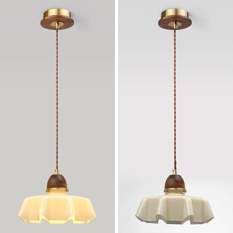 Contemporary Retro Round Petal Flower Shape Wood Glass 1-Light Pendant Light For Living Room