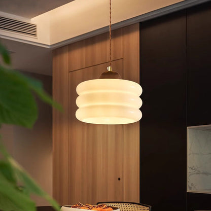 Contemporary Retro Round Petal Flower Shape Wood Glass 1-Light Pendant Light For Living Room