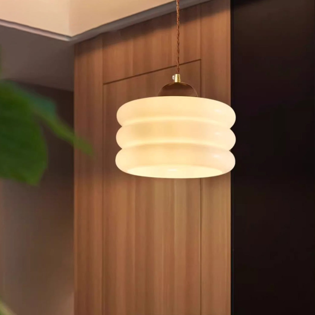 Contemporary Retro Round Petal Flower Shape Wood Glass 1-Light Pendant Light For Living Room