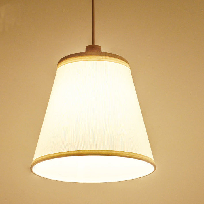 Contemporary Nordic Round Cylinder Wooden Fabric Shade 1-Light Pendant Light For Living Room