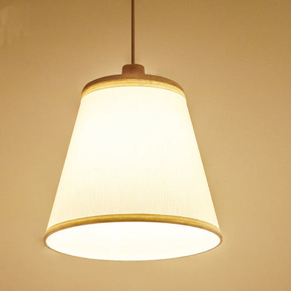 Contemporary Nordic Round Cylinder Wooden Fabric Shade 1-Light Pendant Light For Living Room