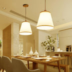 Contemporary Nordic Round Cylinder Wooden Fabric Shade 1-Light Pendant Light For Living Room