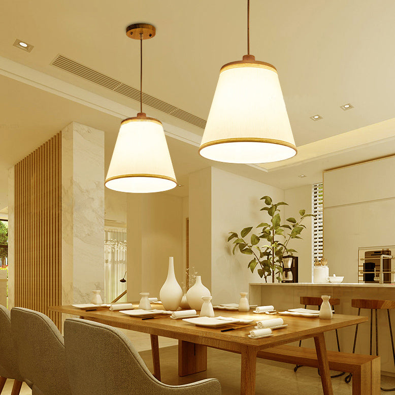 Contemporary Nordic Round Cylinder Wooden Fabric Shade 1-Light Pendant Light For Living Room