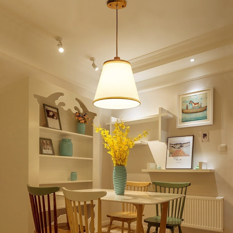 Contemporary Nordic Round Cylinder Wooden Fabric Shade 1-Light Pendant Light For Living Room