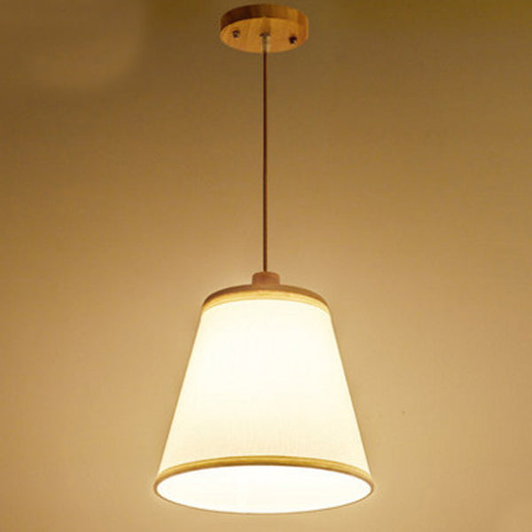 Contemporary Nordic Round Cylinder Wooden Fabric Shade 1-Light Pendant Light For Living Room