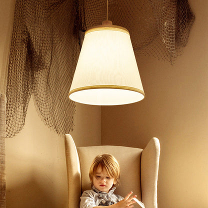 Contemporary Nordic Round Cylinder Wooden Fabric Shade 1-Light Pendant Light For Living Room
