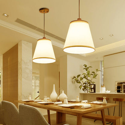 Contemporary Nordic Round Cylinder Wooden Fabric Shade 1-Light Pendant Light For Living Room