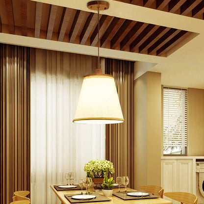 Contemporary Nordic Round Cylinder Wooden Fabric Shade 1-Light Pendant Light For Living Room