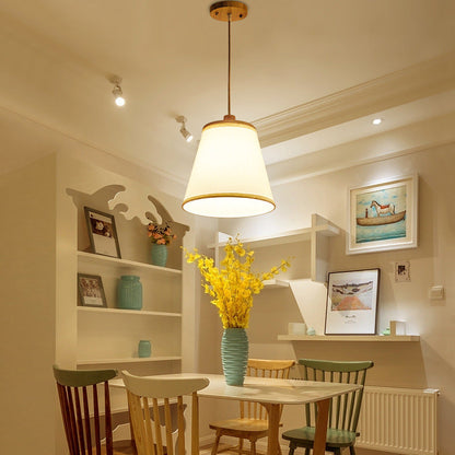 Contemporary Nordic Round Cylinder Wooden Fabric Shade 1-Light Pendant Light For Living Room