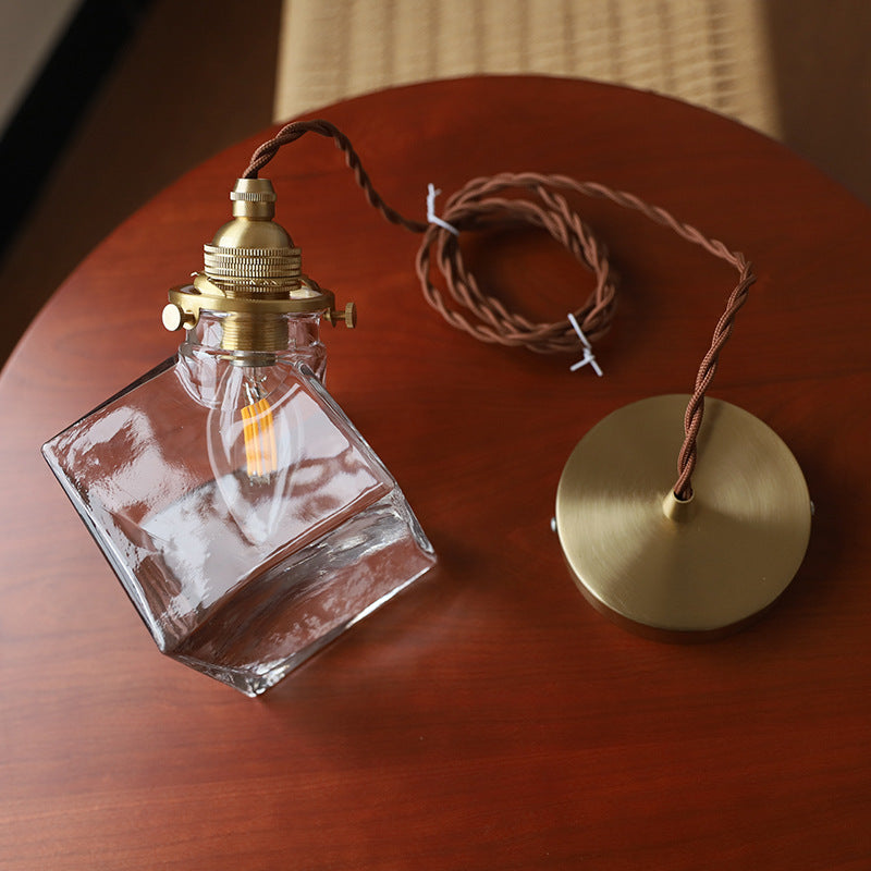 Traditional Japanese Square Ice Cube Glass Shade 1-Light Pendant Light For Living Room