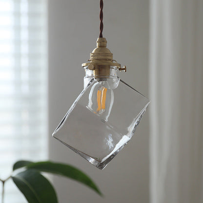 Traditional Japanese Square Ice Cube Glass Shade 1-Light Pendant Light For Living Room