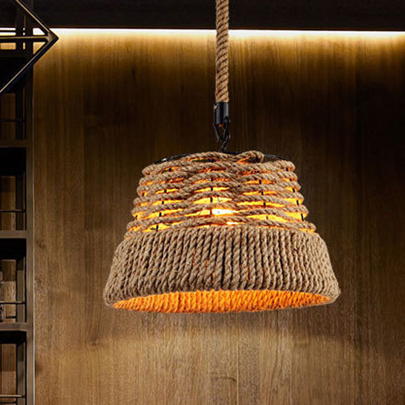 Traditional Vintage Round Iron Hemp Rope Shade 1-Light Pendant Light For Living Room