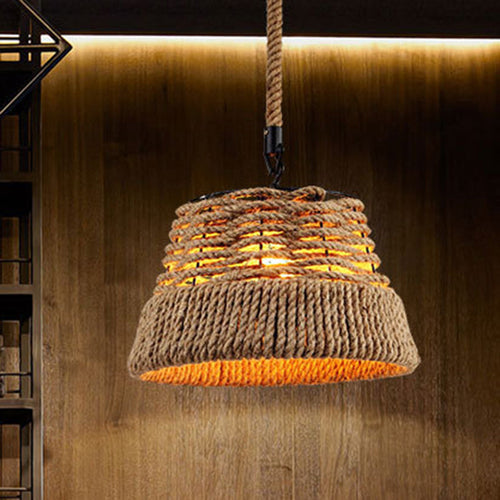 Traditional Vintage Round Iron Hemp Rope Shade 1-Light Pendant Light For Living Room