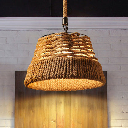 Traditional Vintage Round Iron Hemp Rope Shade 1-Light Pendant Light For Living Room