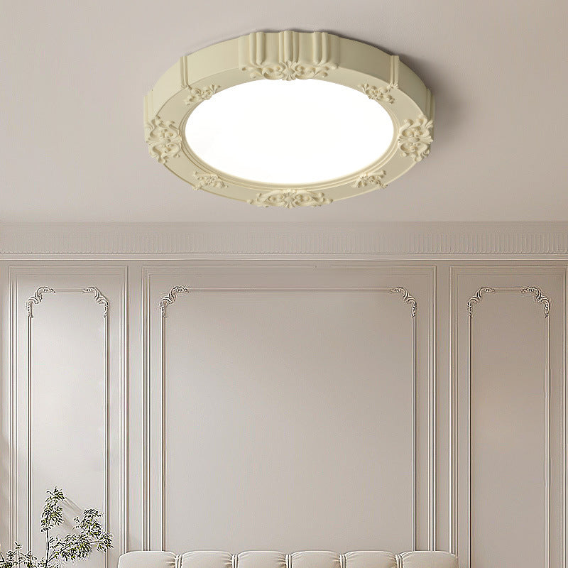 Traditional French Round Carved Flower Iron Resin Acrylic LED Flush Mount Ceiling Light for Bedroom