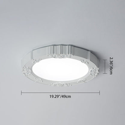 Traditional French Round Carved Flower Iron Resin Acrylic LED Flush Mount Ceiling Light for Bedroom