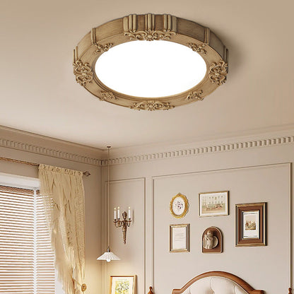 Traditional French Round Carved Flower Iron Resin Acrylic LED Flush Mount Ceiling Light for Bedroom