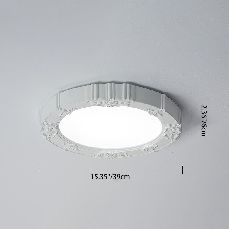Traditional French Round Carved Flower Iron Resin Acrylic LED Flush Mount Ceiling Light for Bedroom