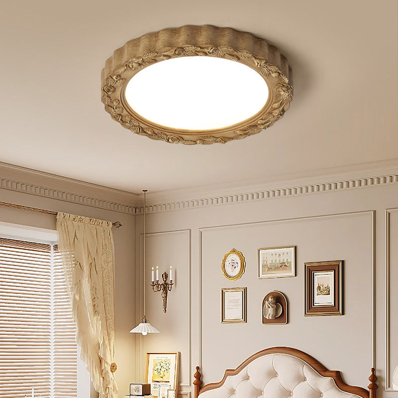 Traditional French Round Carved Flower Iron Resin Acrylic LED Flush Mount Ceiling Light for Bedroom