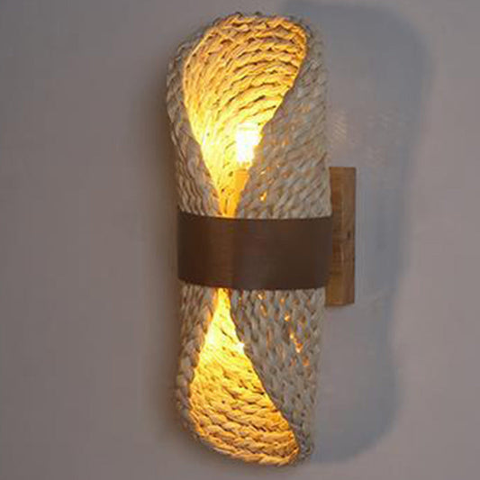 Traditional Japanese Oval Handmade Rattan 2-Light Wall Sconce Lamp For Living Room