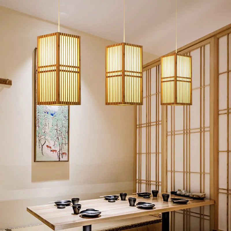 Traditional Japanese Rectangular Hand-woven Nan Bamboo 1-light Pendant Light for Living Room BulbSquare